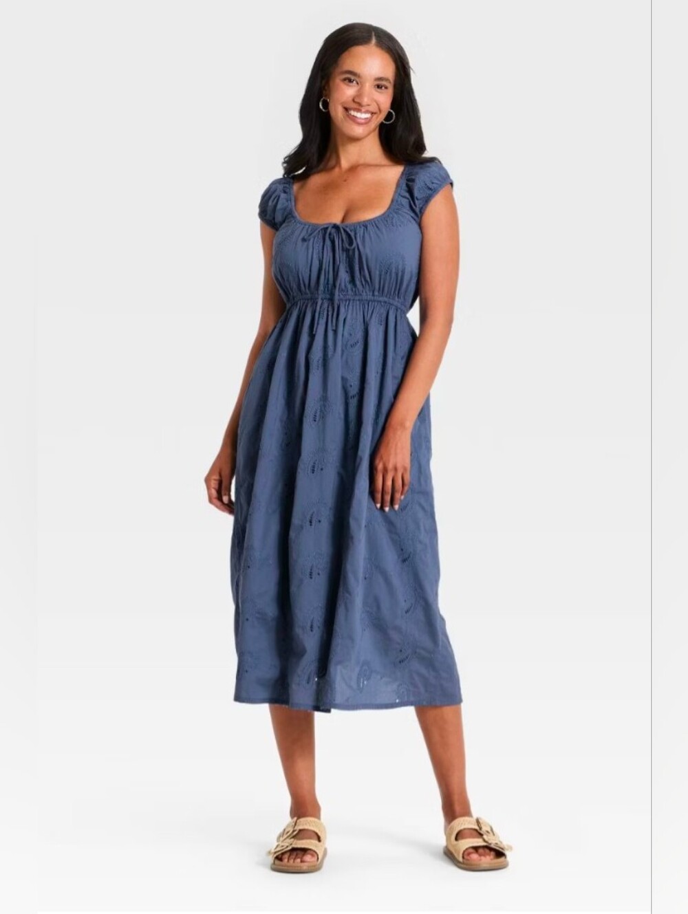 XXL Women's Slate Blue Cap Sleeve Eyelet Midi Sundress-NWT